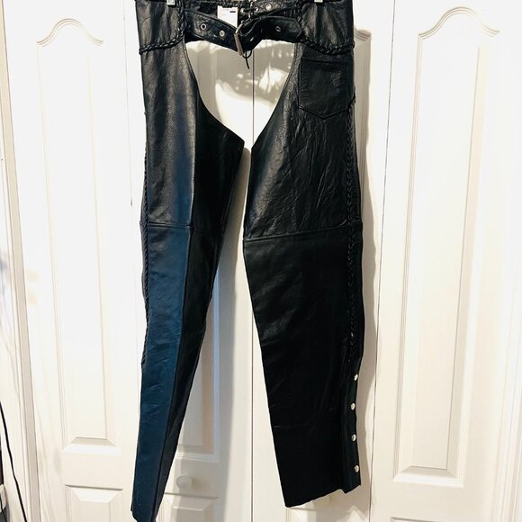 Hot Leathers Braided Black Leather Riding Chaps-Motorcycle-Large-Unhemmed-Unisex - Picture 2 of 16